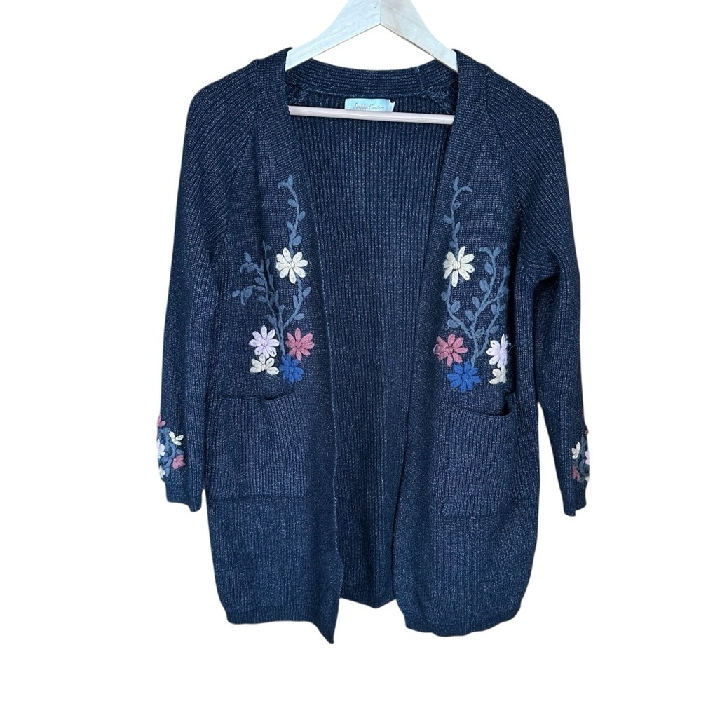 Simply Couture Embroidered Ribbed Open Cardigan Charcoal Gray M